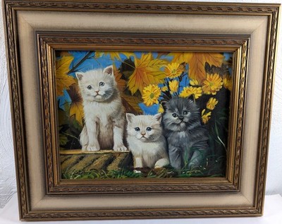 Original Öl auf Leinwand Gemälde Drei Kätzchen signiert Siebert gerahmt 23 Zoll Vintage