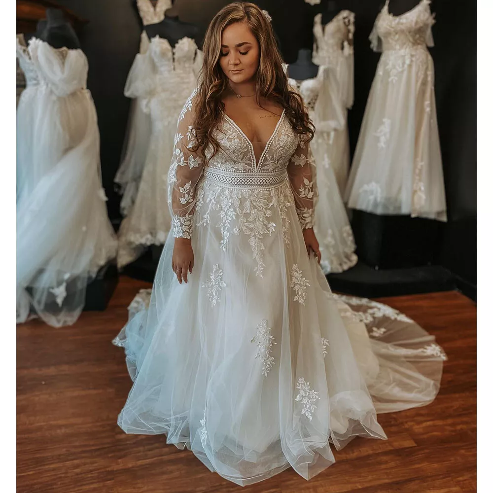 Illusion sleeve plunging plus size cheap wedding dress