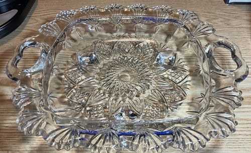 PASARI Indonesia Glass Clear Fan Pattern Handled Footed 10" Serving Tray Bowl - Picture 1 of 24