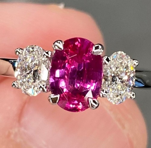 Certified Lab Created Diamond & Pink Sapphire Ring 1.70 Ct Oval Cut 950 Platinum - Picture 7 of 10