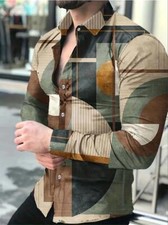 Vintage Contrast Color Geometric Pattern Men Casual Long Sleeve Button-Up Shirt