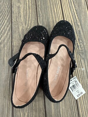 Falls Creek Girls Black Glitter Mary Jane Shoes W/ Buckle Strap Size 12