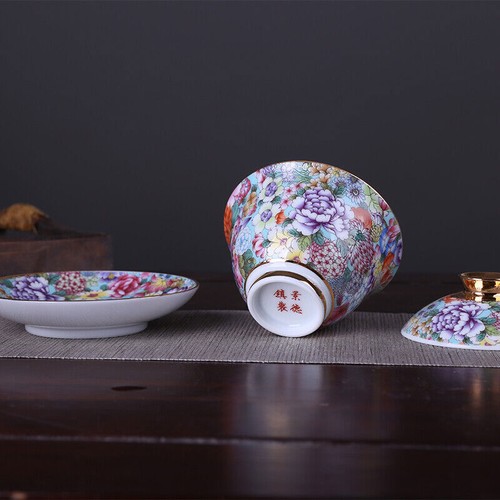 4" Collect Chinese Famille Rose Porcelain Ten Thousand Flower Tea Lid Cup - Picture 12 of 14