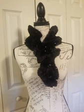 Faux Fur Black Scarf Stole Ruffled Stretchy Sequined Pull Thru 26X5" Holiday EUC