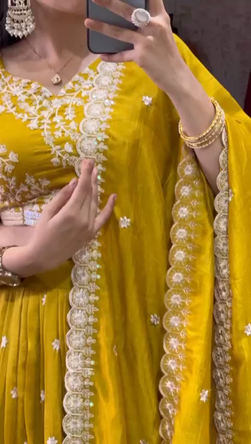 Haldi Special Vichitra Silk Semi Stitched Lehenga Choli, Sequins & Thread Work - Video 1 of 1