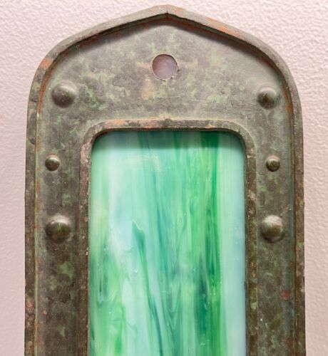 Antique 1910s Mission Style Wall Sconce w Green Slag Glass Patinated Metal 11.5" - Picture 3 of 16