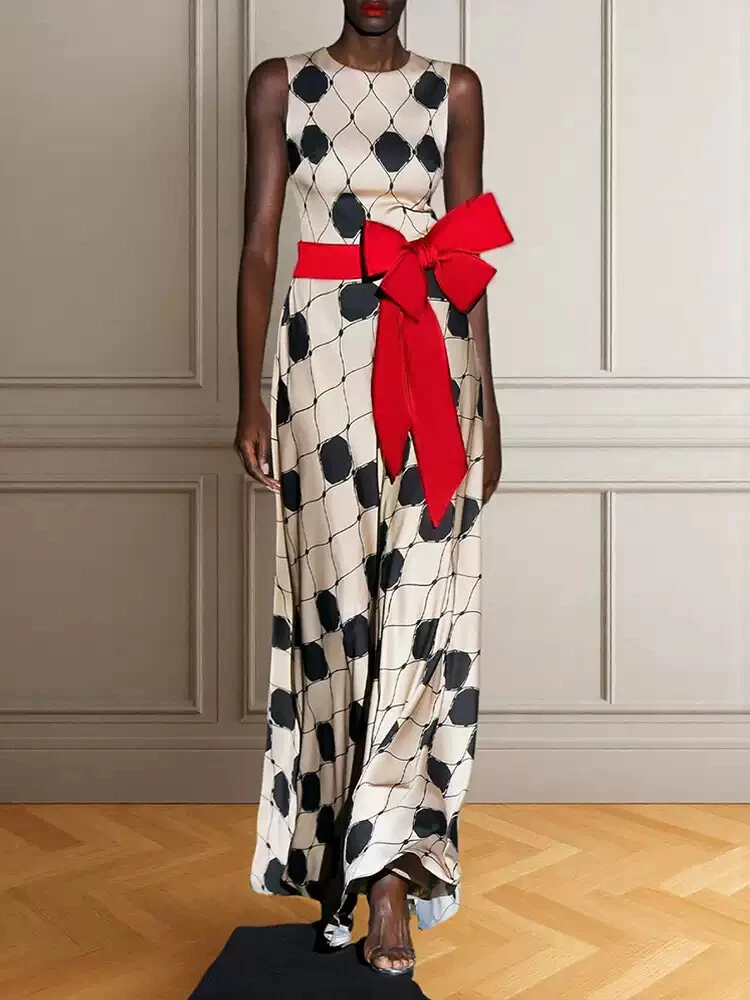 OFF WHITE Abito donna lungo girocollo senza maniche gonna sexy primaverile cravatta fiocco fascia alta