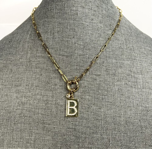Collana catena 18" pendente iniziale B pavè di giglio e menta e giglio acciaio inox 18k - Foto 2 di 3