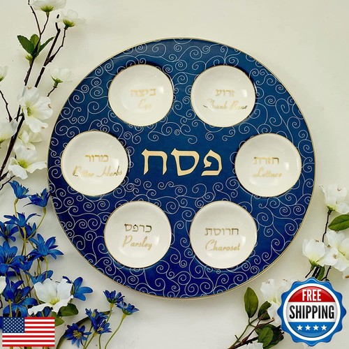 Rite Lite Passover Blue and White Curlicue Seder Plate With Gold Accents Sede - Picture 2 of 3