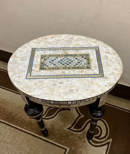 Handmade Wooden End Table Carving Wood Table Home Decor Mother of Pearl Inlay - Picture 21 of 21