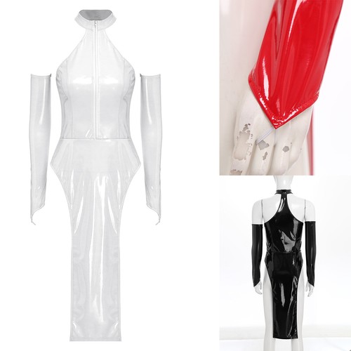 Womens Wet Look PVC Leather Mini Pleated Dress Skater Zipper Clubwear Dress - Picture 85 of 104