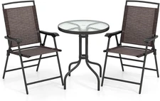 Patio Bistro Set, 3-Piece Patio Dining Furniture Set with round Tempered Glass T