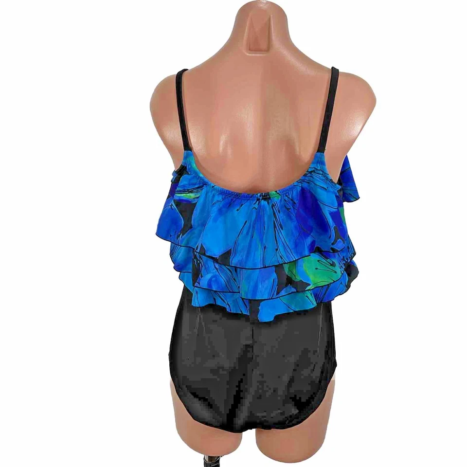 Robby Len Floral Ruffle One Piece Swimsuit Black Swimwear PLUS SIZE 20W - Image 2 of 4