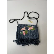 Gingersnaps Girls Blue Tweed Flamingo Tropical Fringe Crossbody Bag