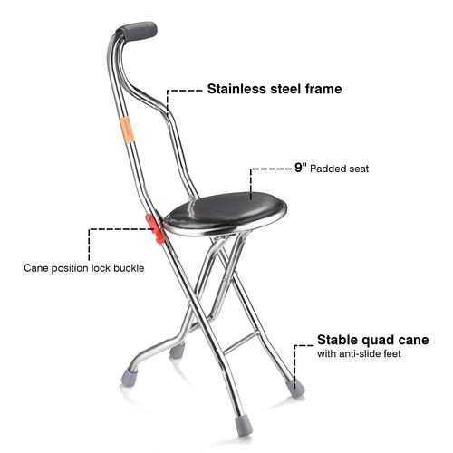 Medical Walking Stick w/ Seat Folding Chair Portable Cane Travel Eldely Care Aid - Picture 11 of 11