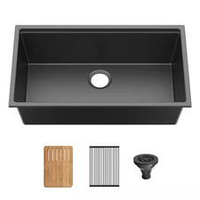 33In. Undermount Single Bowl Matte Black Quartz Workstation Kitchen Sink W/ Cutt