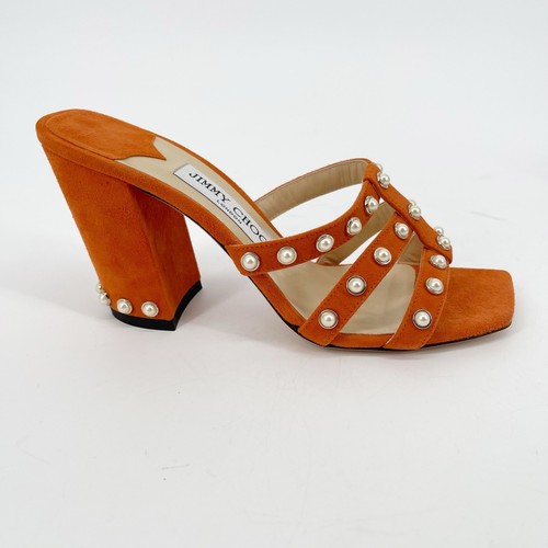 Jimmy Choo Hazal 85 Orange Suede Pearl Studded Heeled Mule Sandal size IT 37 - Picture 2 of 11