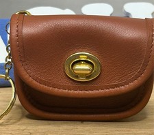 NOS Coach British Tan City Key Fob Coin Case Pouch Leather Turn Lock Charm NWOT