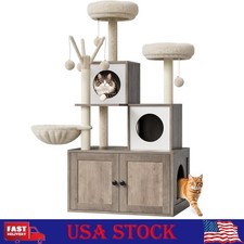 Cat Tree with Hidden Litter Box Enclosure Furniture Cat Tower Litter Box Cabinet