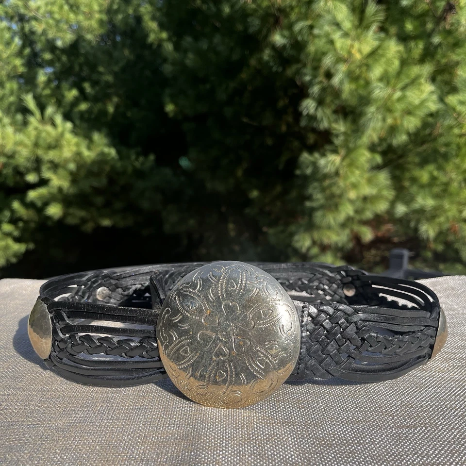 Cinturón Trenzado Vintage Hebilla Plateada Caracolas Talla M/L Cuero Tejido Boho Suroeste Foto 2 de 4