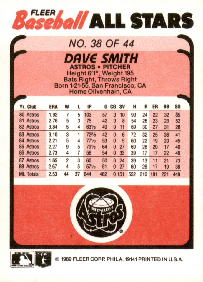 1989 Fleer Baseball All Stars - Dave Smith #369 - Image 2 of 2