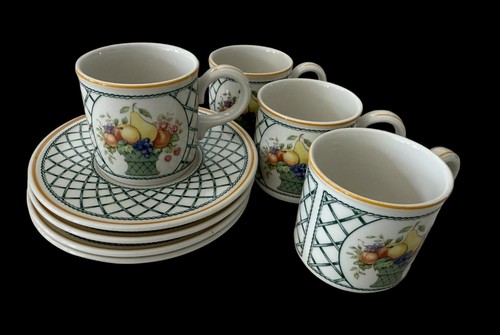 SET OF 4 VILLEROY & BOCH #1748 BASKET PATTERN PORCELAIN FLAT CUPS & SAUCERS - Picture 2 of 8
