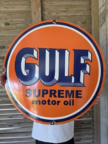 HUGE VINTAGE GULF SUPREME MOTOR OIL PORCELAIN SIGN  30"