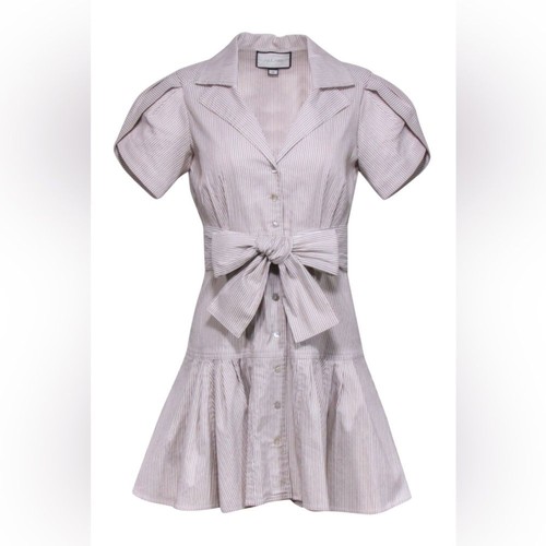 (H1) Alexis - Beige and white striped short-sleeved mini dress, size M - Picture 13 of 13