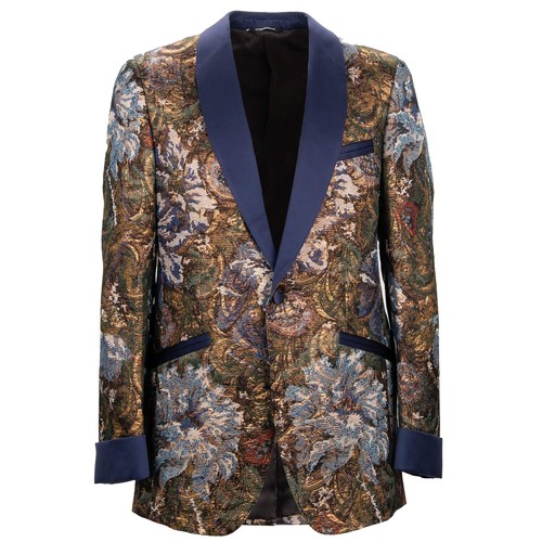 Dolce & Gabbana Baroque Tuxedo Blazer Suit Jacket Gold Blue 48 38 M 12378