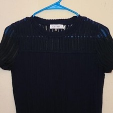 CALVIN KLEIN Dark Blue Fit & Flare Dress with See Thru Bodice & Sleeves - Size M