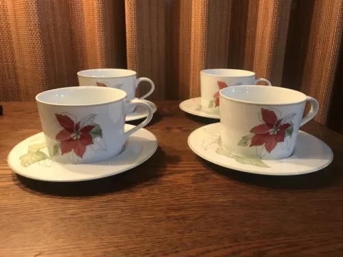 BLOCK SPAL Portugal Watercolors POINSETTIA -Lot of 4 CUP & SAUCER SETS