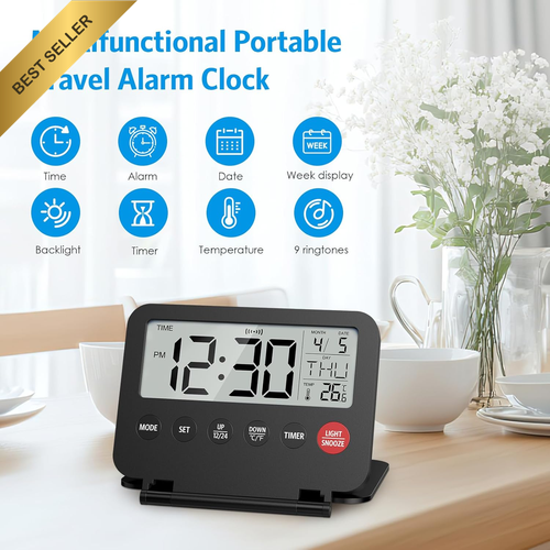 Foldable Digital Travel Alarm Clock LCD Timer Temp Countdown Battery Operated - Picture 2 of 12