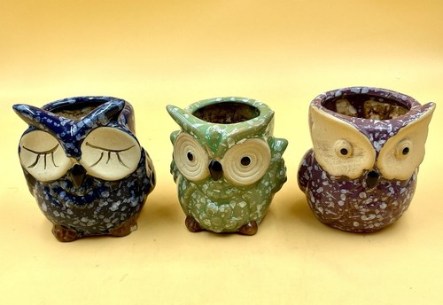 Owl Planter Set Mini Ceramic Succulent Pots w Hole  - Picture 10 of 10