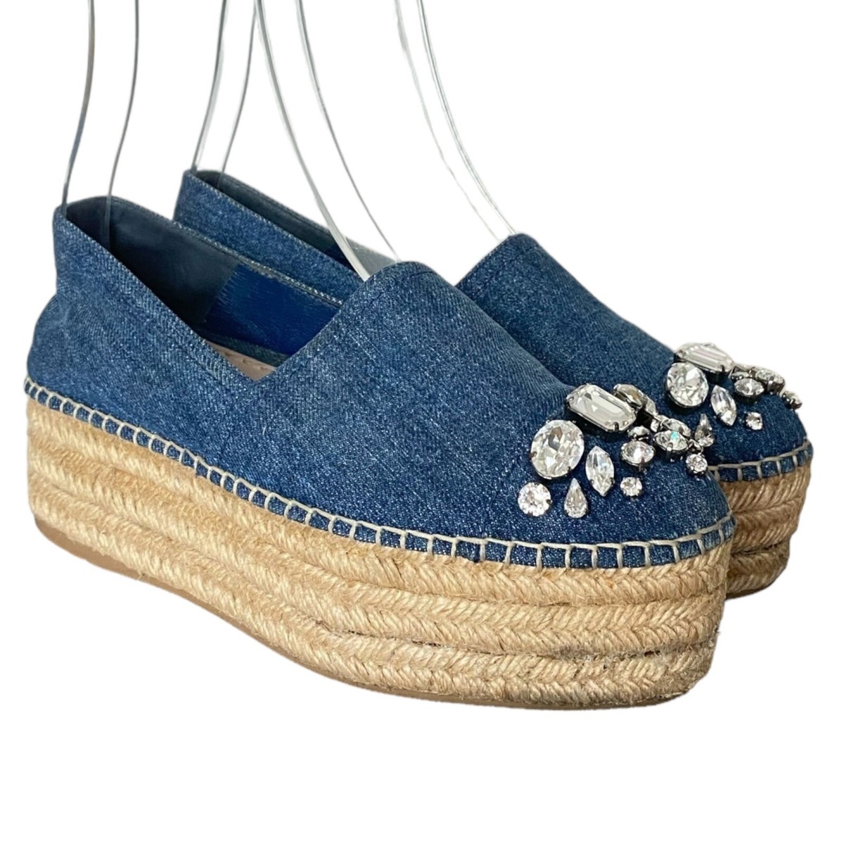 MIU MIU Blue Denim Fabric Crystal Embellished Platform