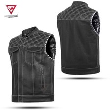 Men's Black Leather Vest Diamond Motorbike Motorcycle Concealed Waistcoat White