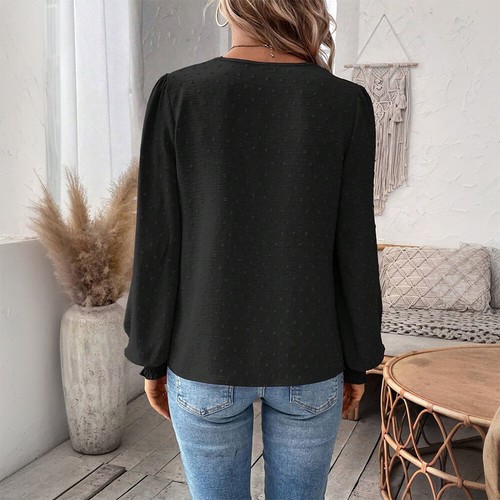 Women Lace V Neck Tunic Tops Ladies Casual Loose Long Sleeve Plain Blouse Shirt - Picture 17 of 22
