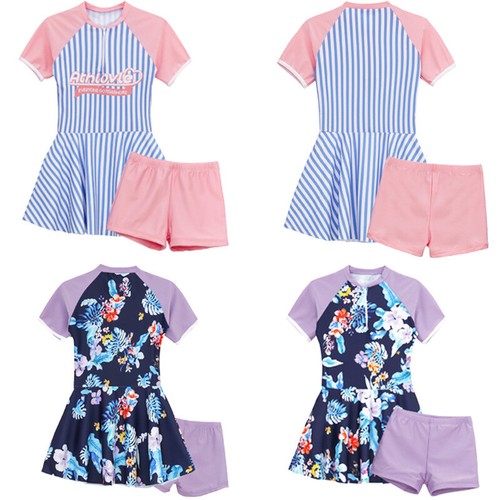 Kids Girls Outfit Rash Guard Suit Surfing Set Short Sleeve Workout Bikini 2Pcs - Picture 3 of 32