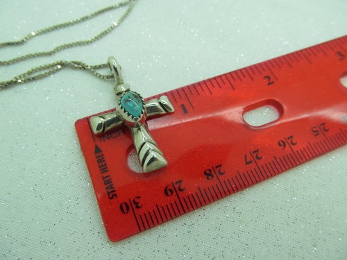 Signed C Sterling Silver TURQUOISE NATIVE AMERICAN DESIGN CROSS necklace 20" - Picture 8 of 9