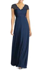 Dessy Collection Lace Chiffon Cap Sleeve Gown 3033S size 14 MIDNIGHT BLUE NEW