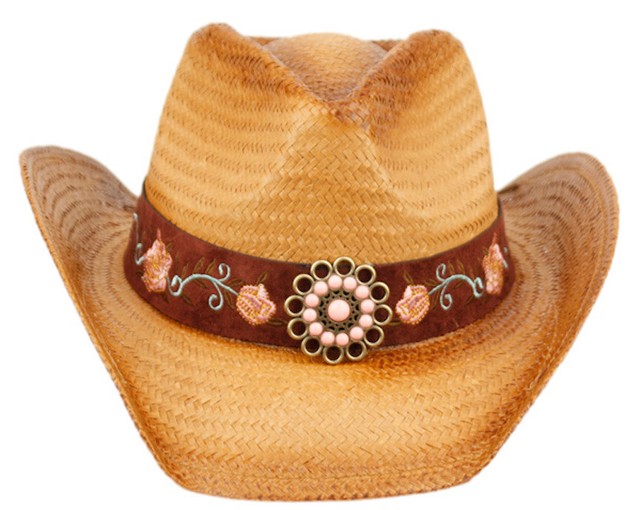 Cowgirl Hat Pink Flower Straw Vintage Leather Western Concert Women's