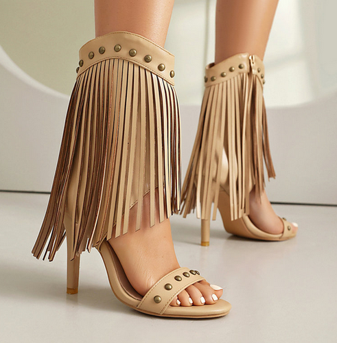 Roman Style Open Toe Mid Calf Boots Sandal Women Tassel Rivet High Stiletto Heel - Picture 4 of 13