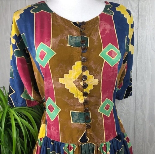 Abito midi nuovo senza etichette vintage fatto a mano cravatta schiena bottoni manica corta fantasia è - Foto 2 di 11