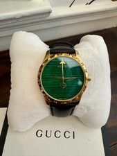 GUCCI Mens Green Quartz and Black Leather Wat...