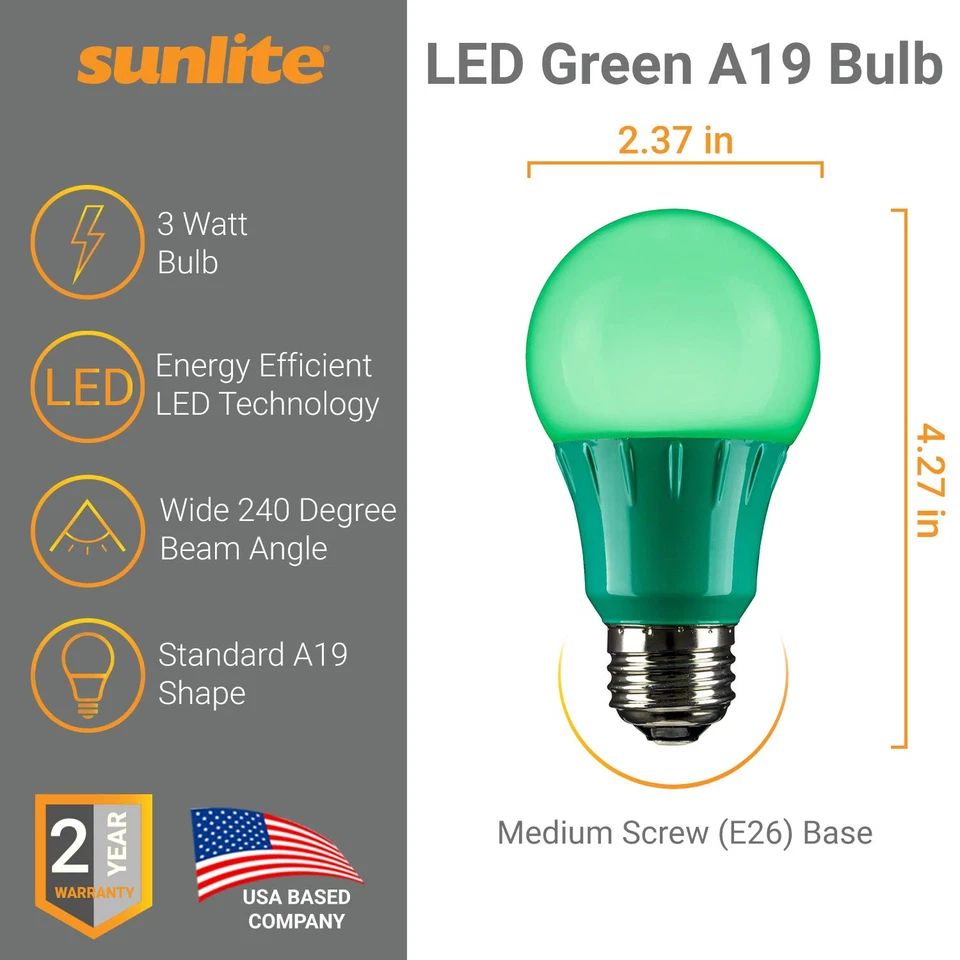 Sunlite A19 LED Colored Light Bulb E26 Medium Base 3W 25000 Hour Life - Image 3 of 4