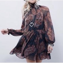 Free People Paisley Sheer Mini Dress small Burgundy Black High Neck flaws