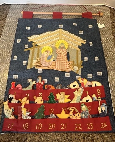 VTG 1998 Christmas Nativity Fabric Advent Calendar Complete International Silver
