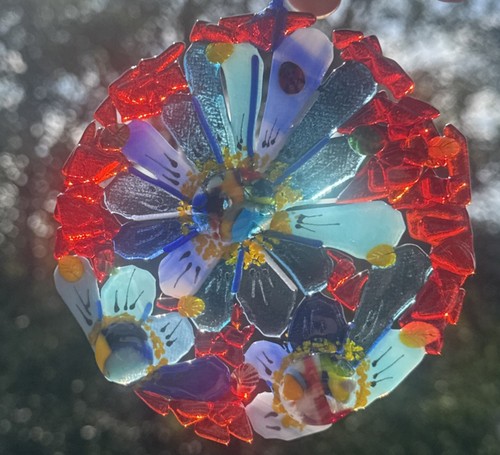 Schmelzglas Handarbeit rund bunt Blume Sonnenfänger signiert vom Künstler - Bild 17 von 22