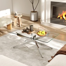Glass Coffee Table Rectangle Center Table with Tempered Glass Top