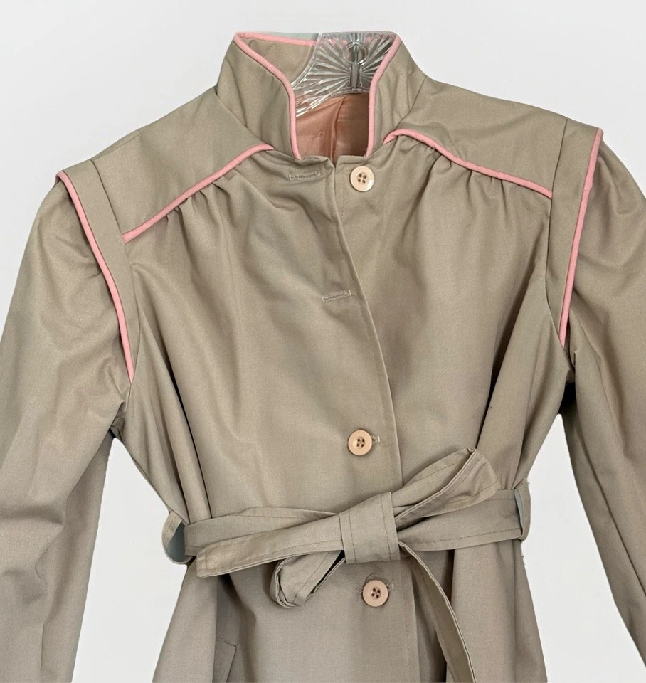 70s Weather Tamer Long Tan Trench Barbie Rain Coat Pink Piping Womens Sz 12 VTG - Image 2 of 4
