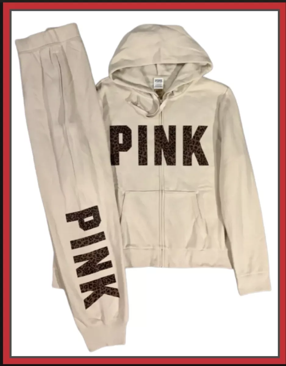 Victoria's Secret Pink Leopard Full Zip Hoodie + Pants Set Vanilla